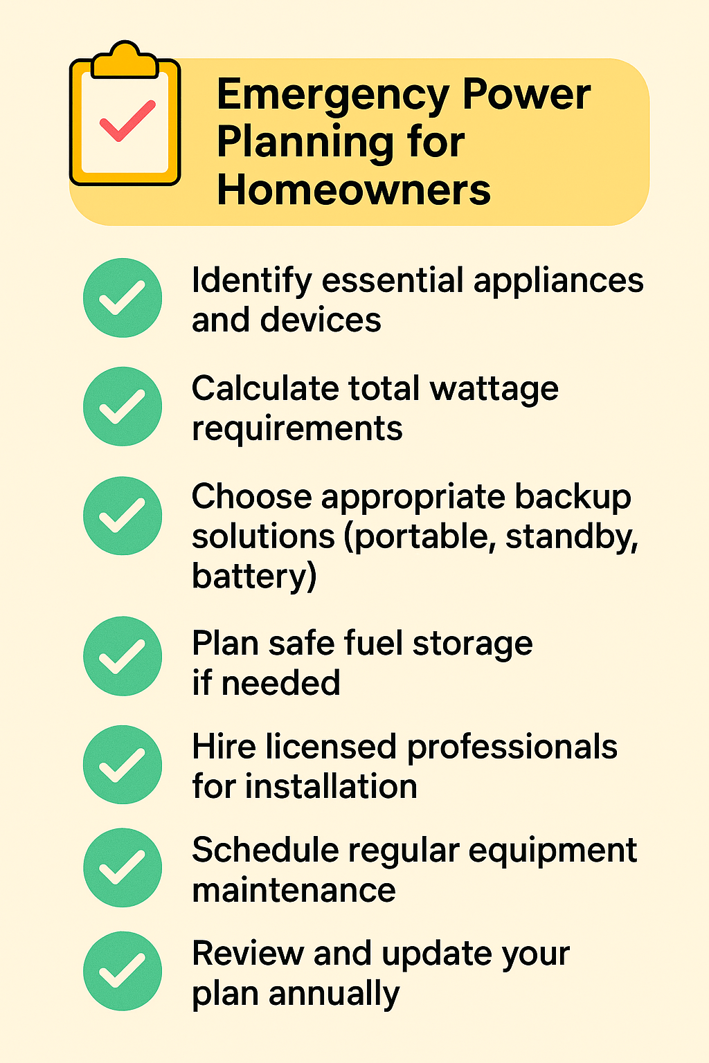 Checklist for emergency power planning for homeowners with seven key steps and green checkmarks.