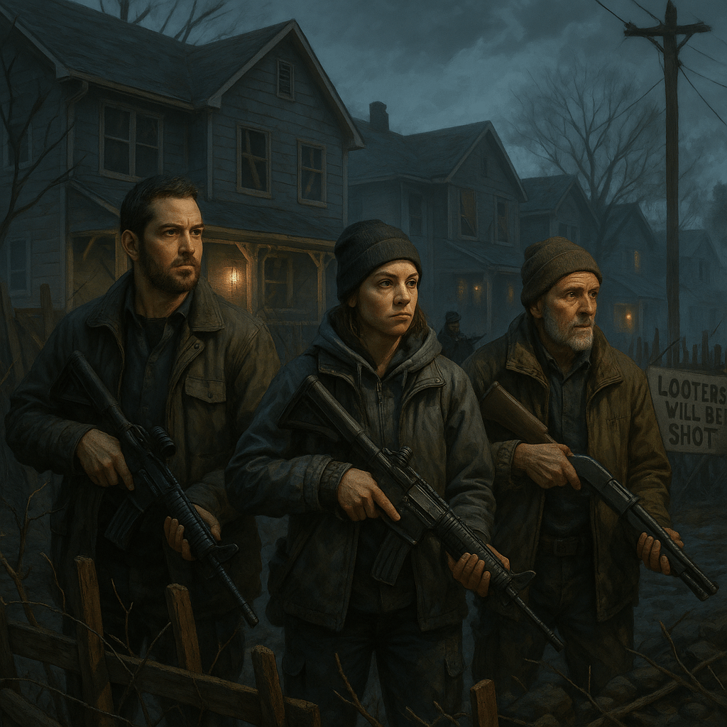 A small group guarding homes as part of a local post-collapse network.